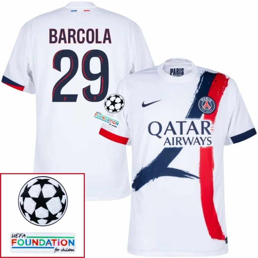 Paris Saint-Germain Barcola 29 Fan Jersey Away 2024/25 Patches UCL UEFA Foundation (Official Printing)