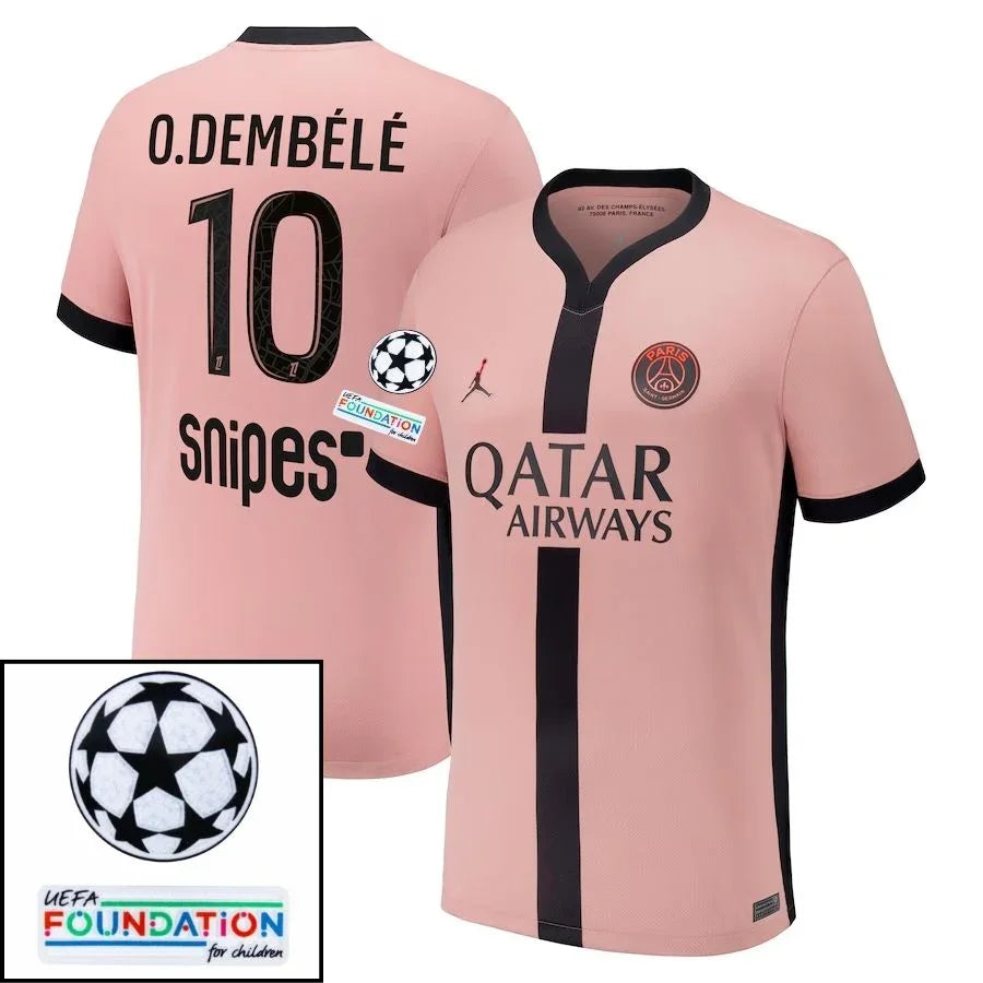 Paris Saint-Germain O.DEMBELE 10 Fan Jersey Third Jordan 2023/24 Patches UCL UEFA Foundation (Official Printing)