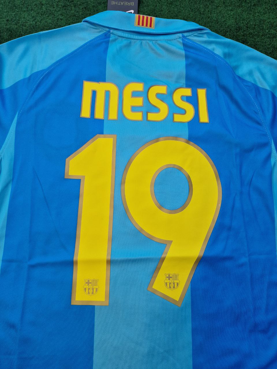 Lionel Messi Barcelona 2007 2008 Light Blue Yellow Number 19 Retro Jersey Maillot Trikot Maglia