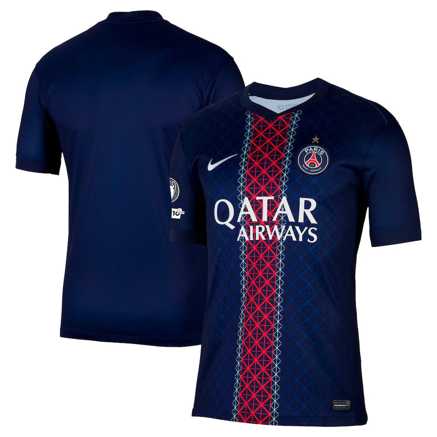 Official PSG home shirt, 2025-26 season, by Nike, featuring the European Champion emblem and the 10th anniversary of the UEFA Foundation.